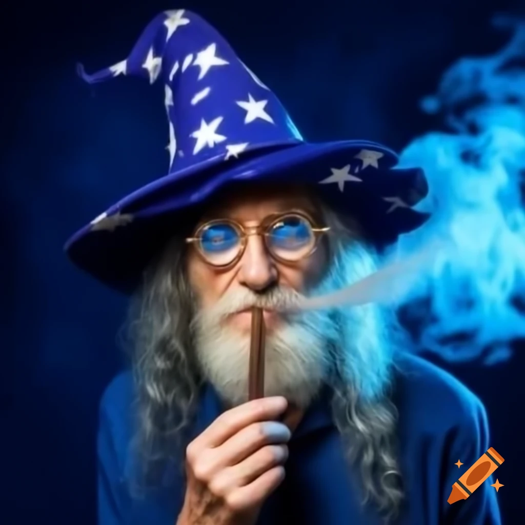 Old wizard hat with stars and blue smoke, featuring white banderoll labeled OmtellO