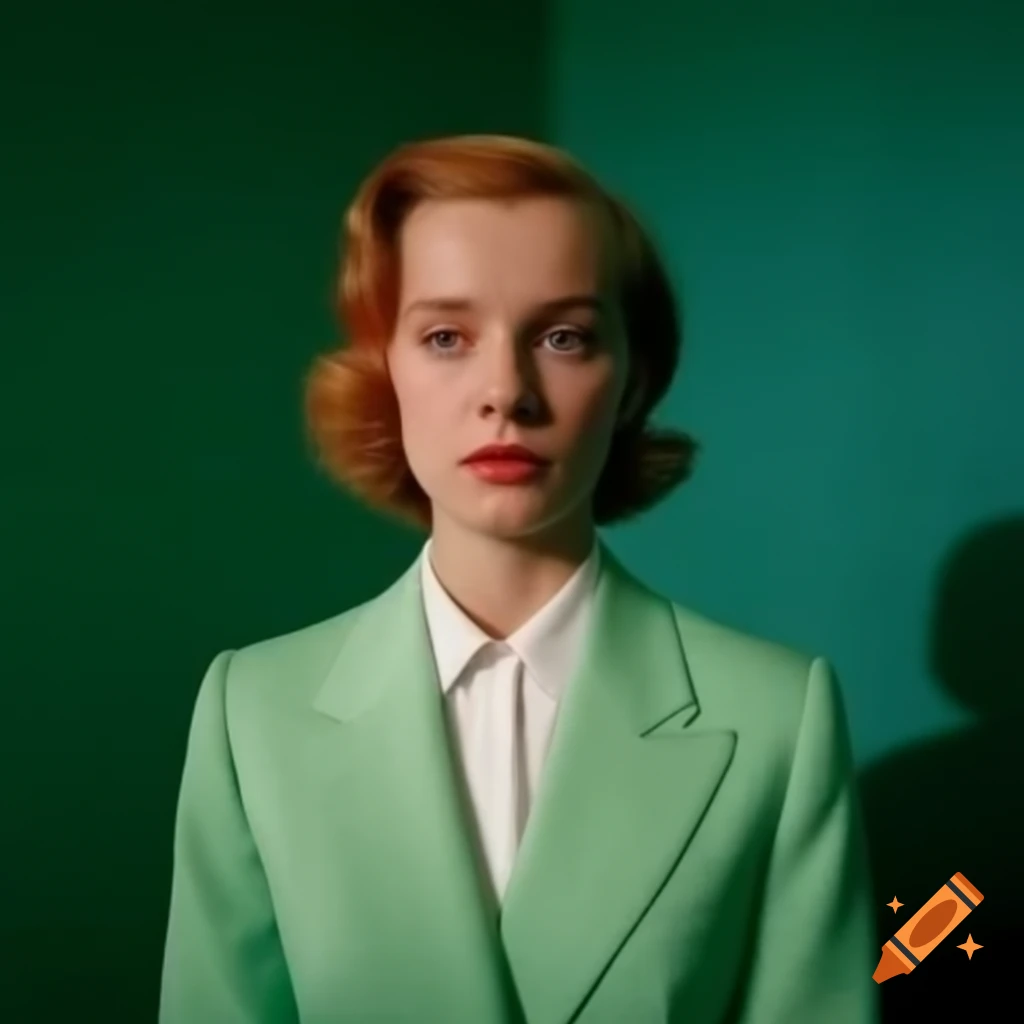 Young woman politician in light green and white suit against single colored background