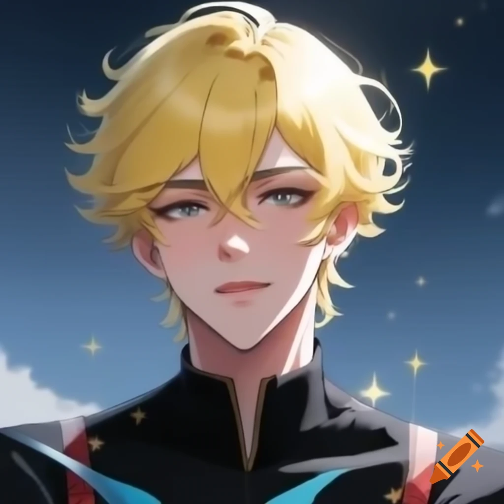 Handsome male with pastel yellow and white hair in hero suit with luminous glow and starry background