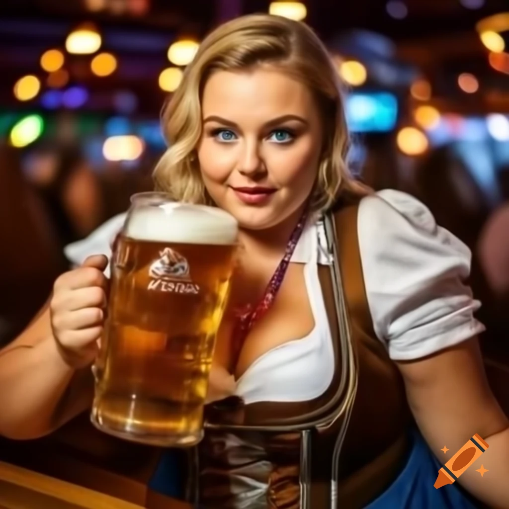 Plus sized woman at oktoberfest enjoying beer with blue eyes and blonde