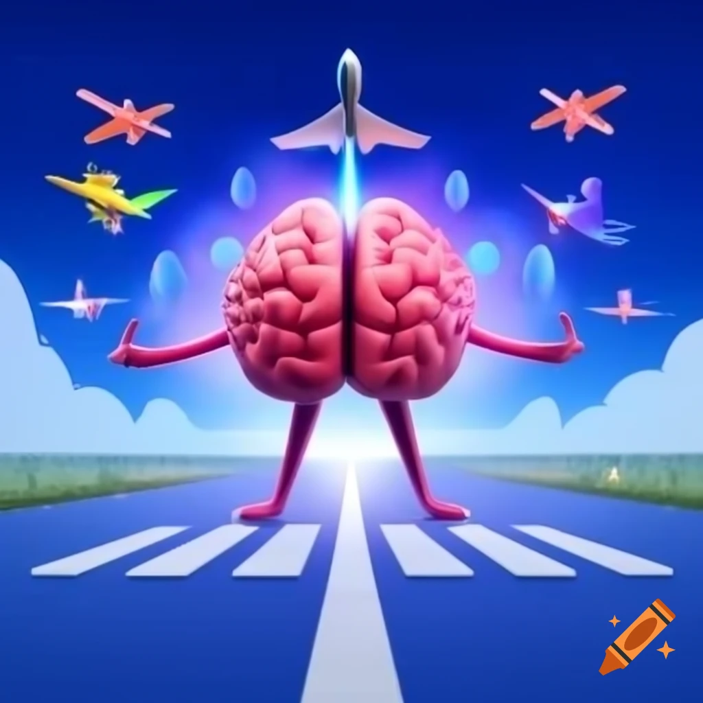Colorful cartoon brain with magical wand on dazzling airport runway