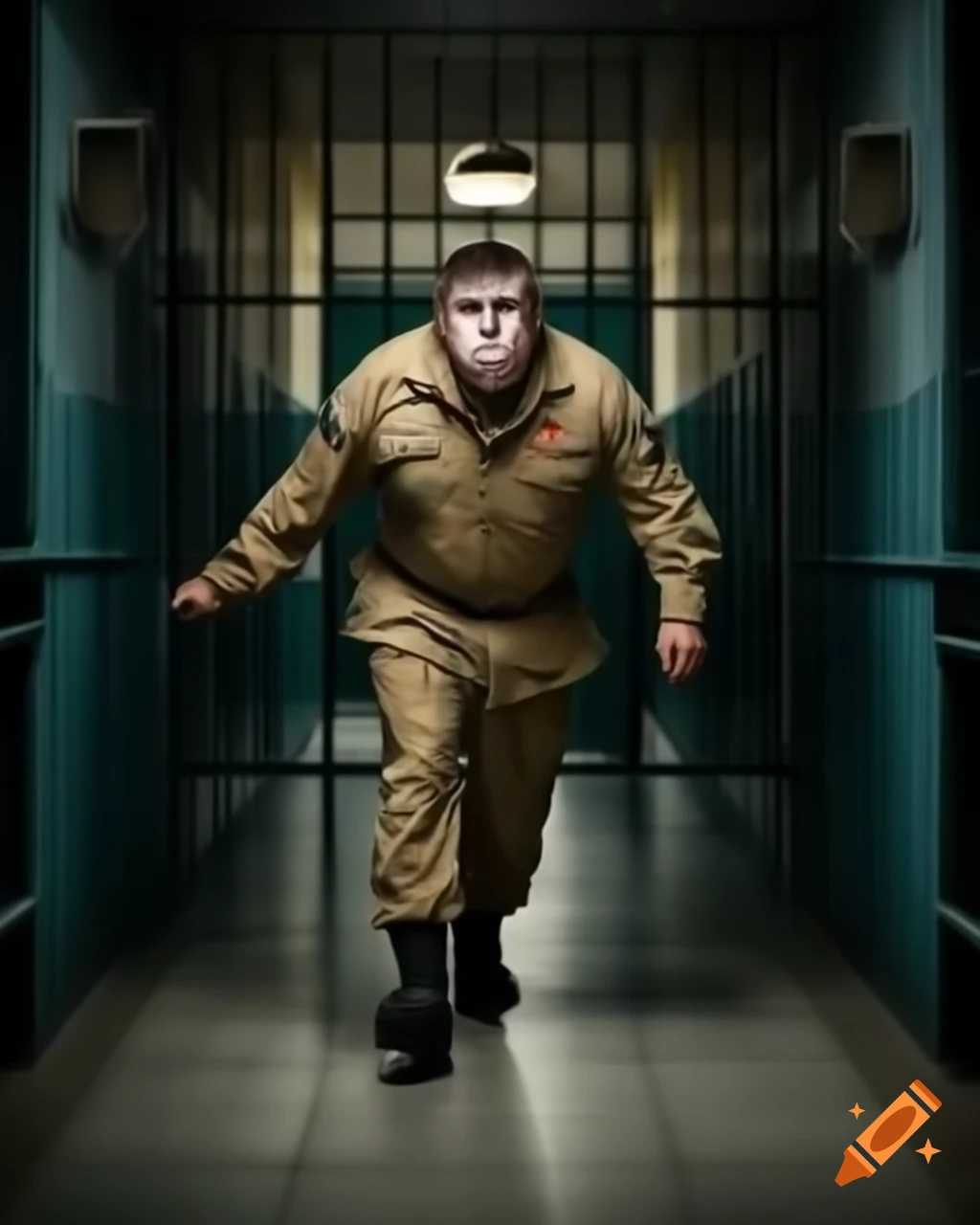 Intimidating prison guard in drab uniform with club on gray floor