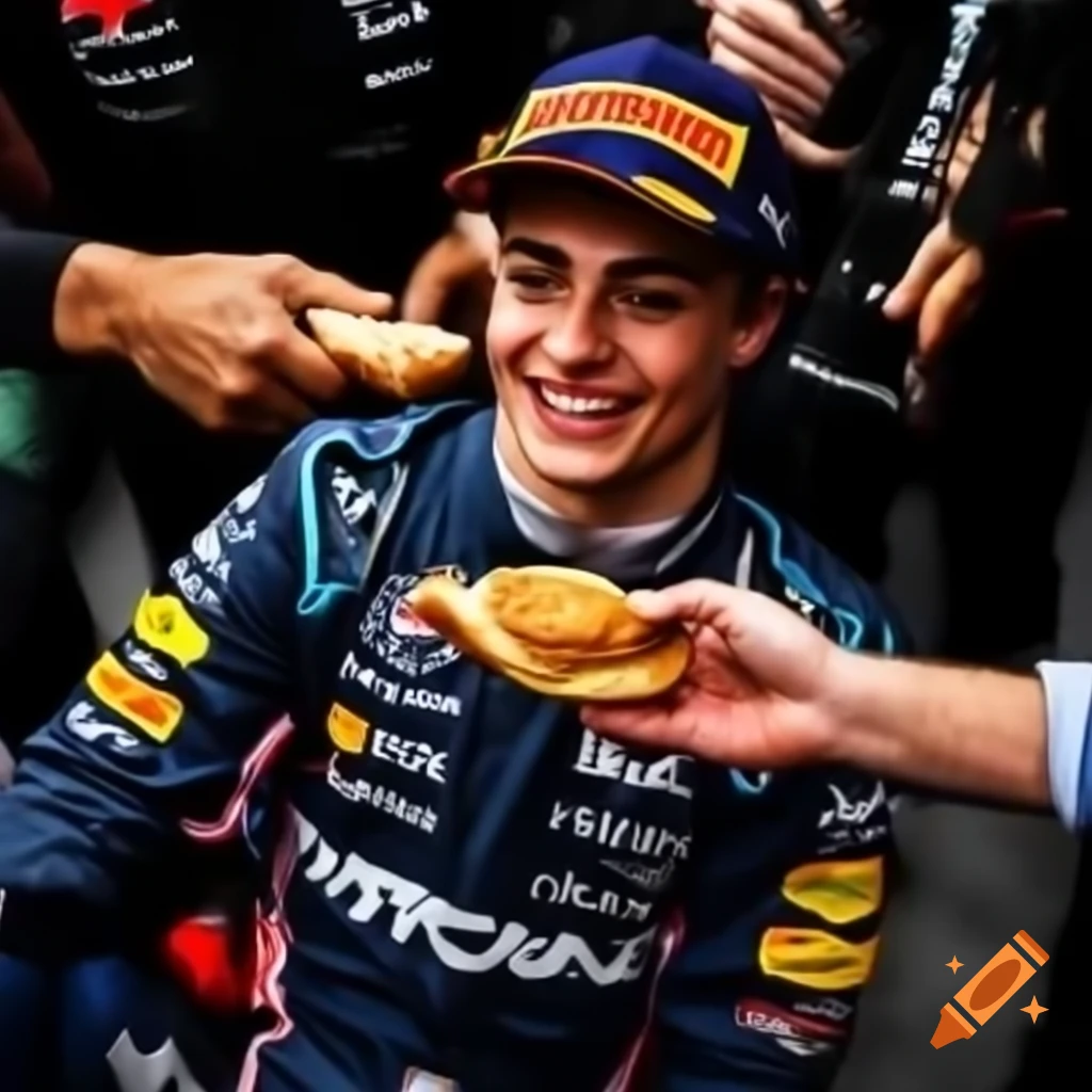 F1 driver Oscar Piastri receiving an award while holding a pastry