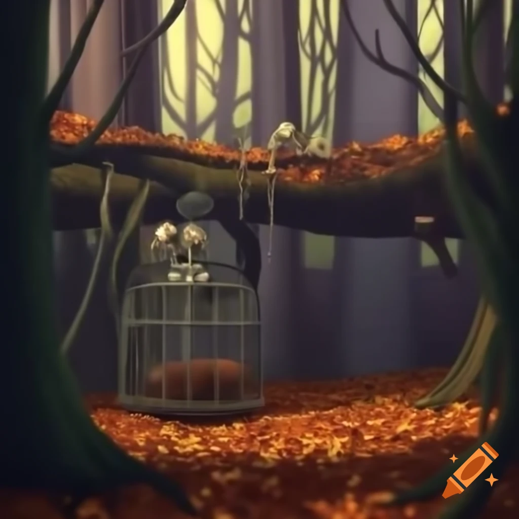 Autumn forest with cages hanging skeletons from trees