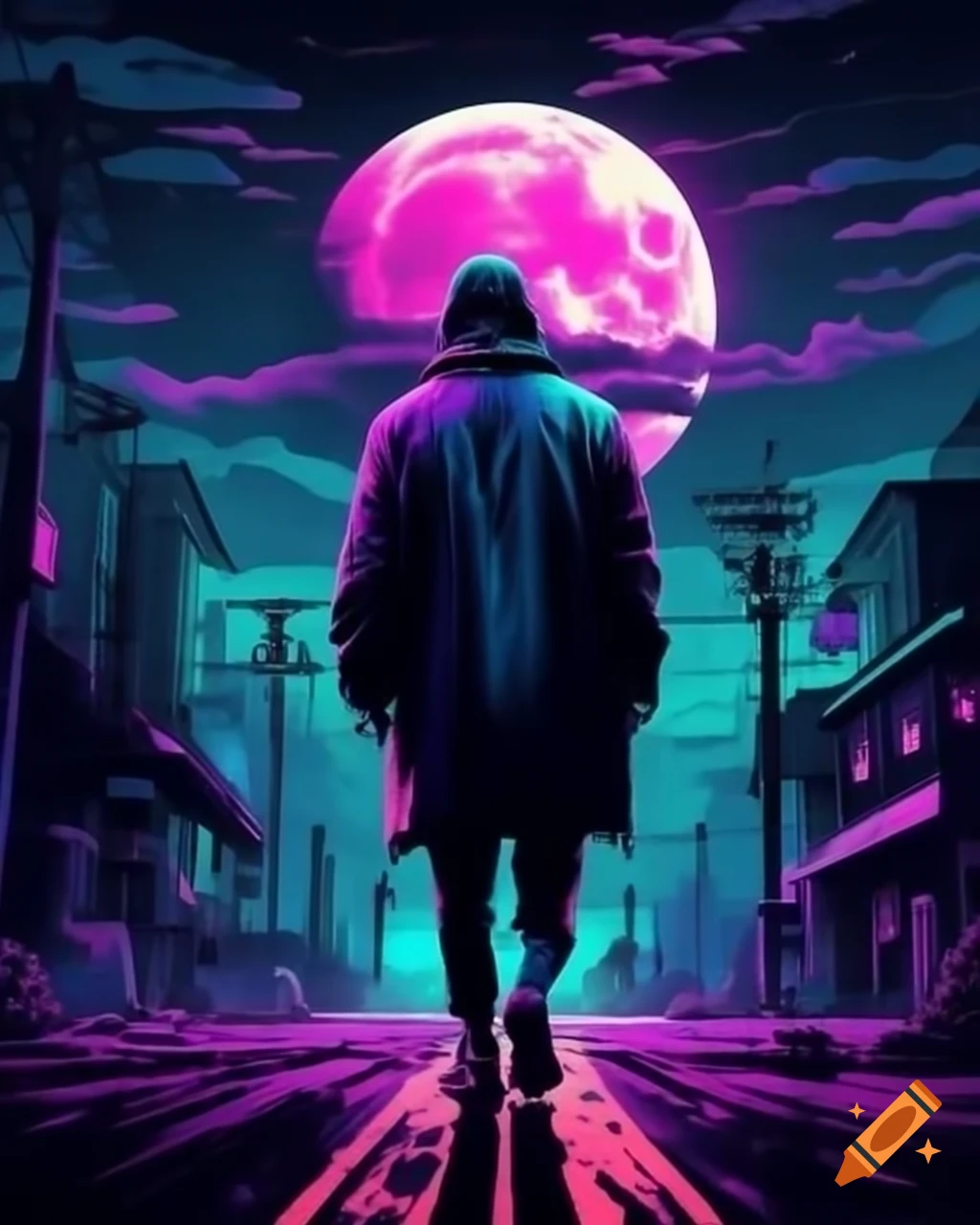 Zombie on a road with neon colors and full moon, movie poster style