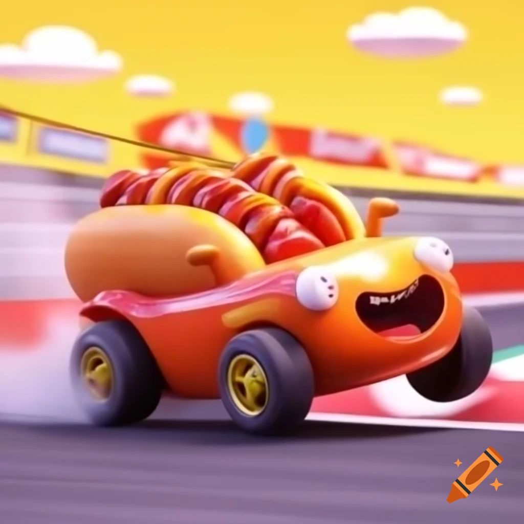 Cartoon racecar shaped like a hot dog speeding on the track