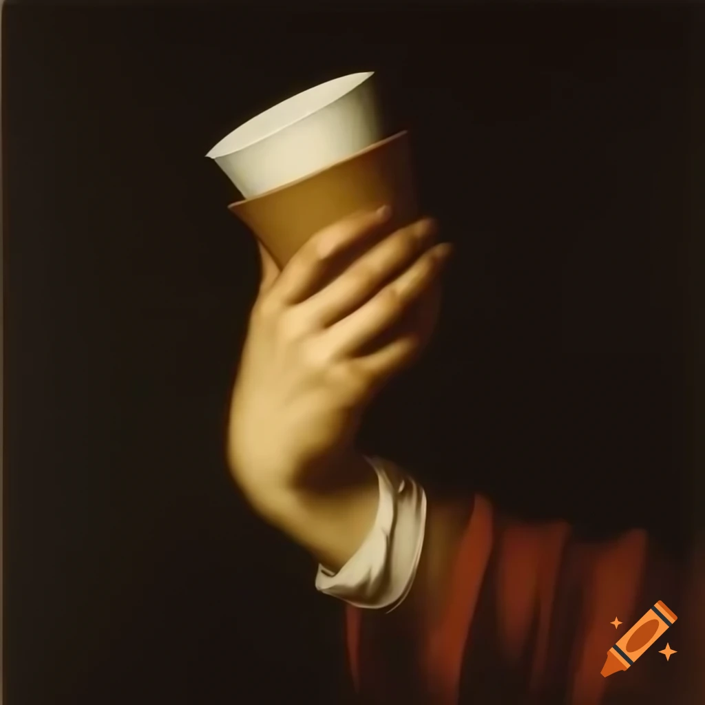 Arm holding paper cup, artwork by Francisco de Goya