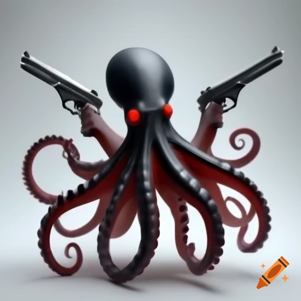Detailed black and red octopus holding pistols on white background