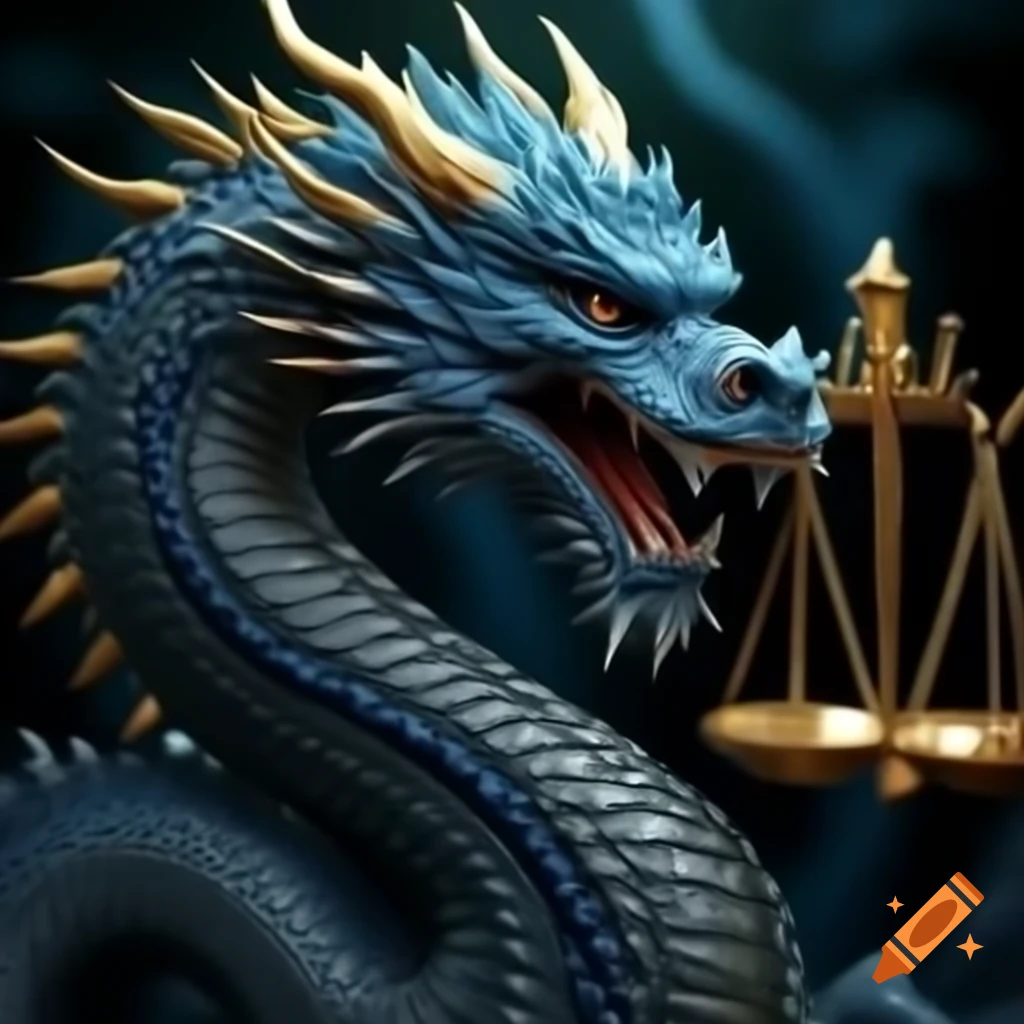 Chinese-style dragon with blue scales and gold spikes holding Libra scales