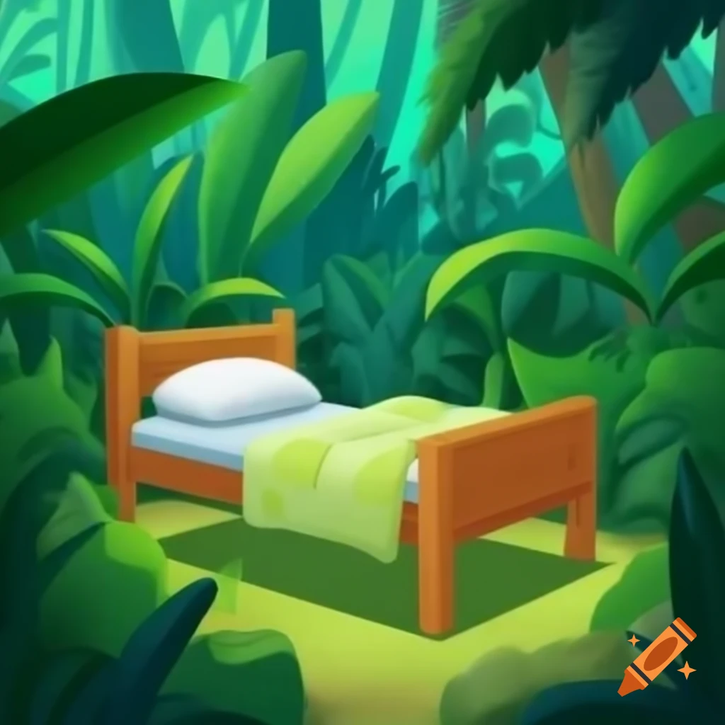 Cartoon bed placed in a vibrant jungle setting