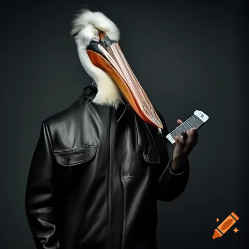 Pelican wearing leather jacket and holding an iPhone