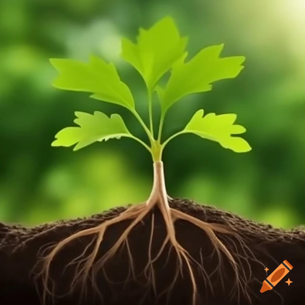 Young oak sapling with roots deep in soil and branches upward from frog's perspective