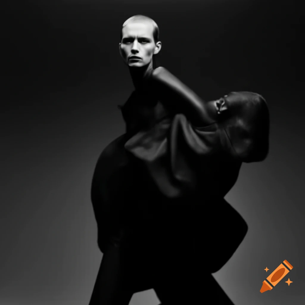 Balenciaga model showcasing clothing with a dark theme in a distant shot
