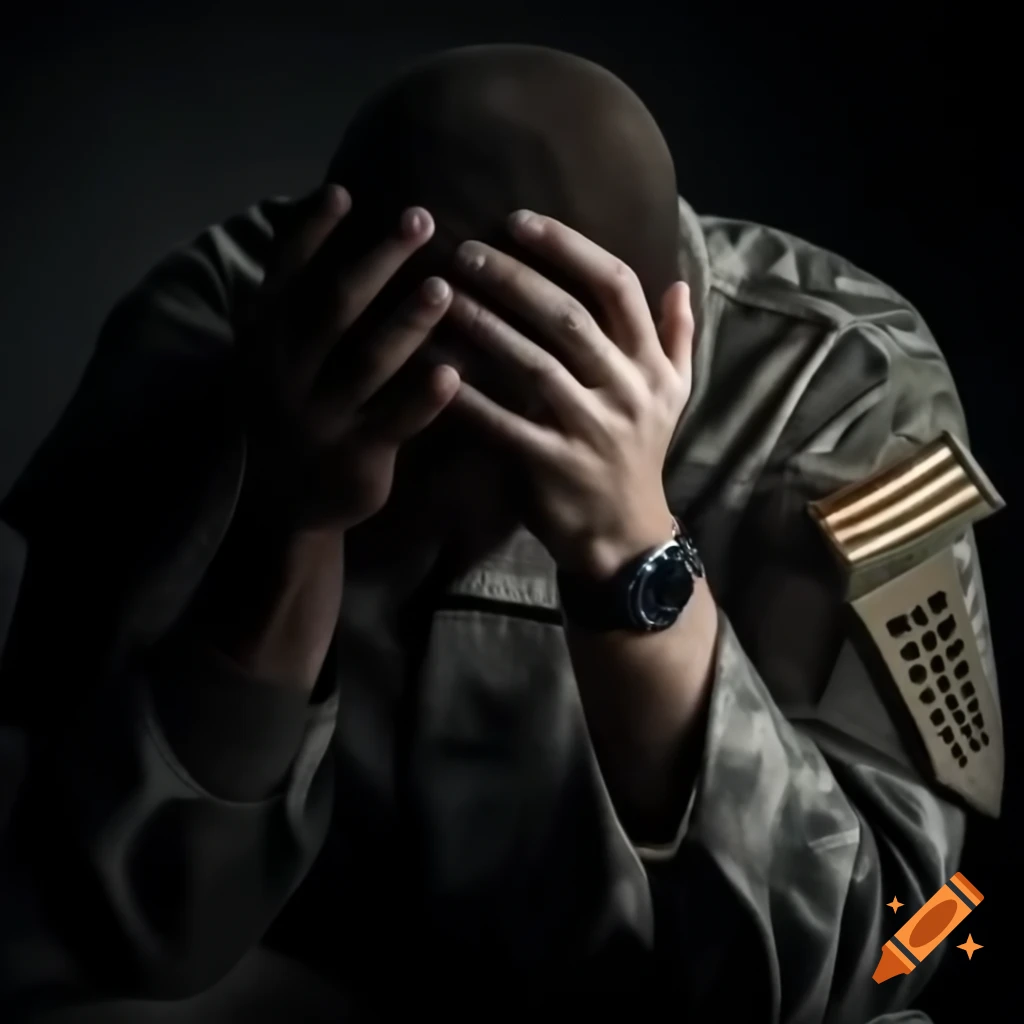 Depressed soldier holding his head in contemplation