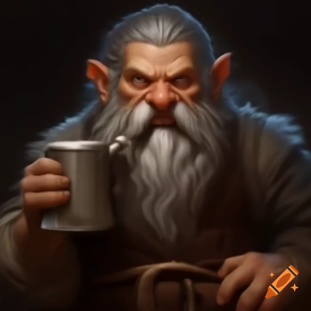 Old male dwarf with gray hair and eyes, holding a tankard, dressed in monk clothing
