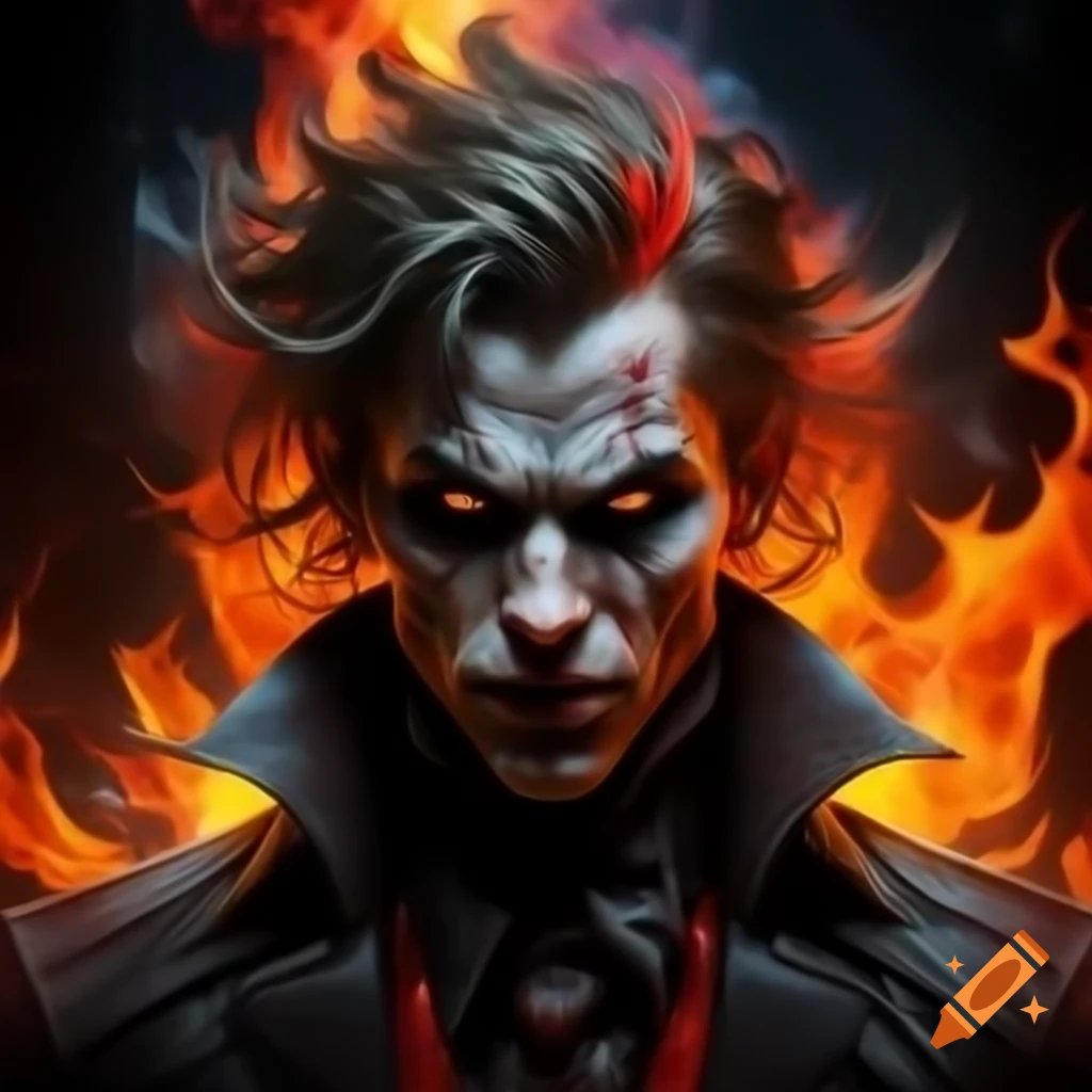 Hyper-realistic psychedelic vampire with messy hair against flames
