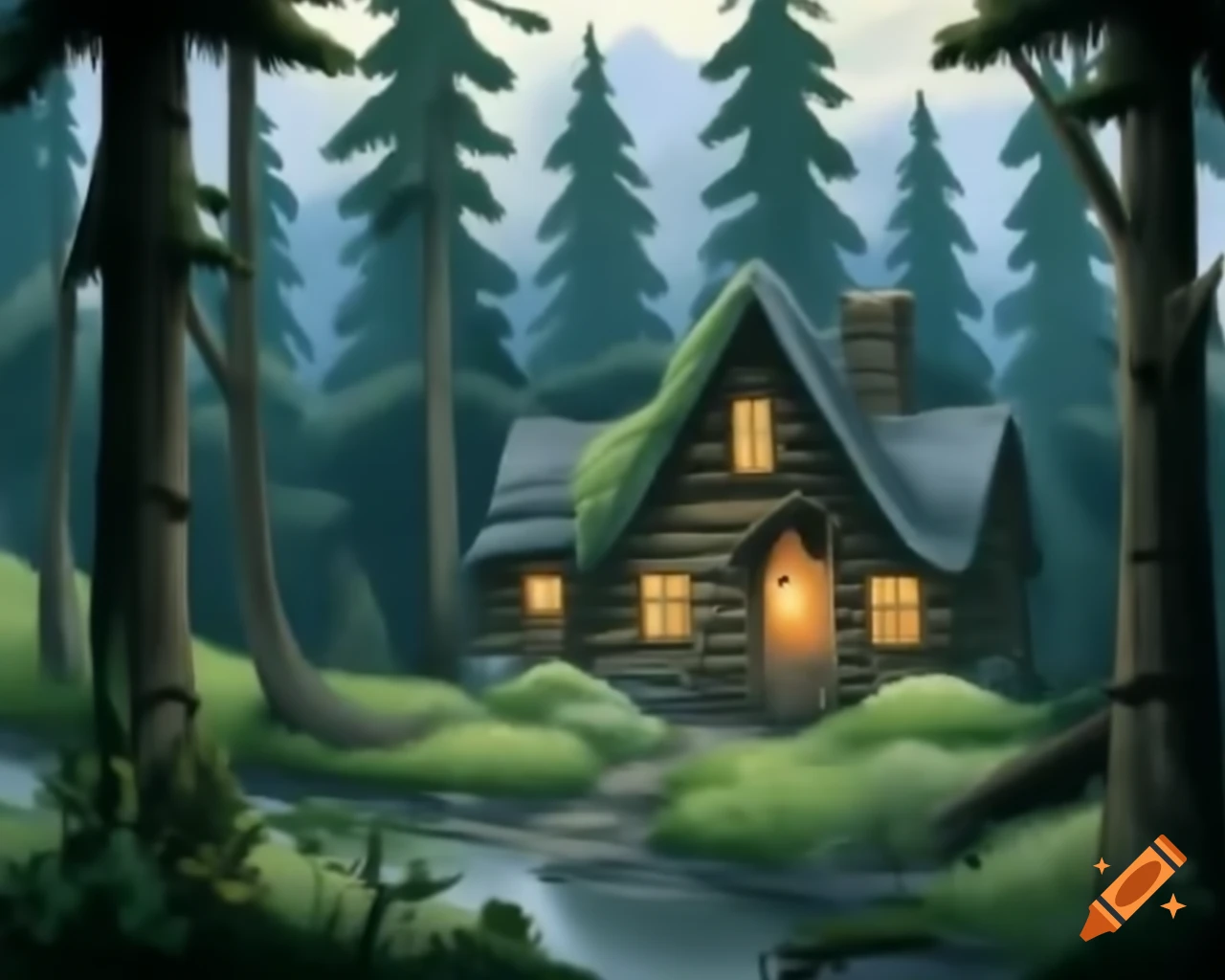Log cabin in the woods, inspired by Thomas Kinkade's style