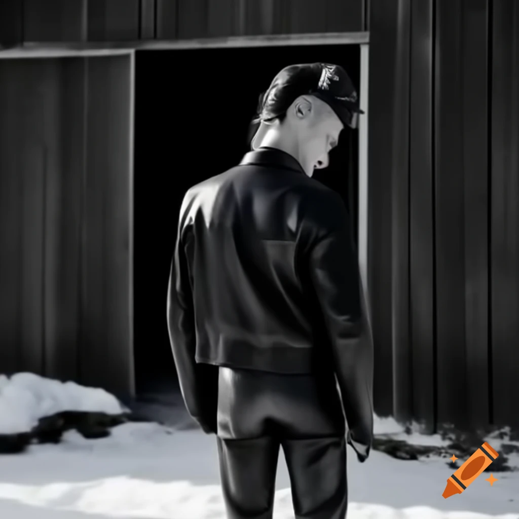 Punk rocker with mohawk in doorway of barn, relaxed pose