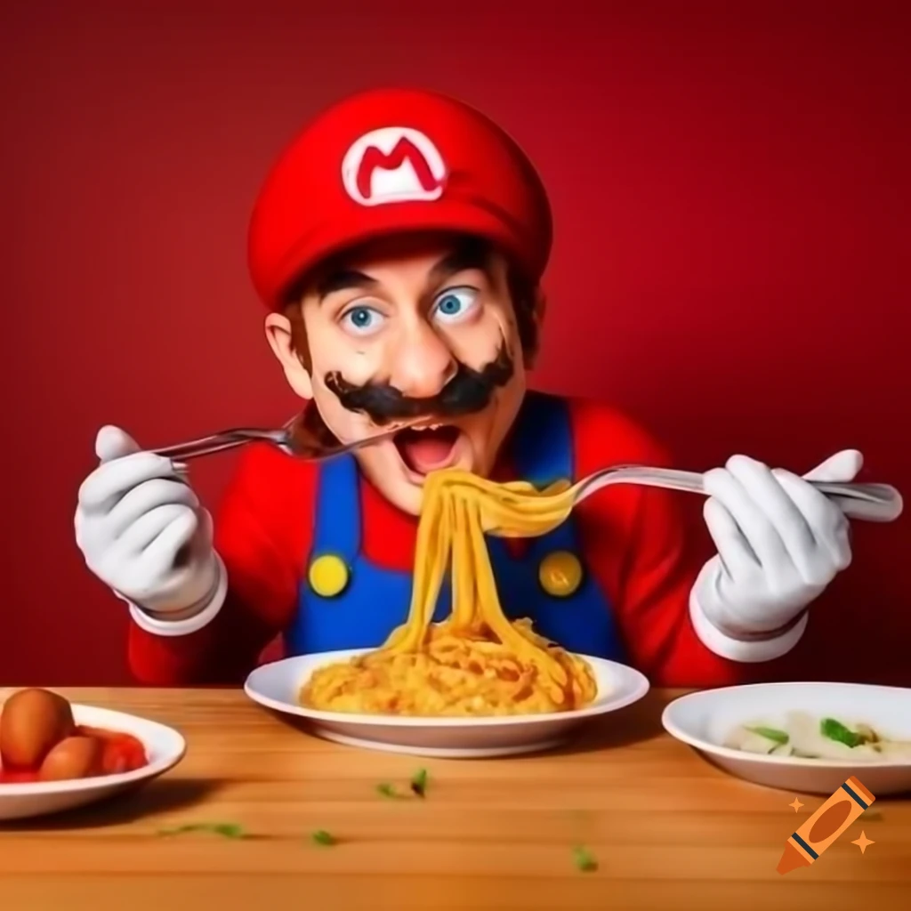 Mario enjoying spaghetti and meatballs
