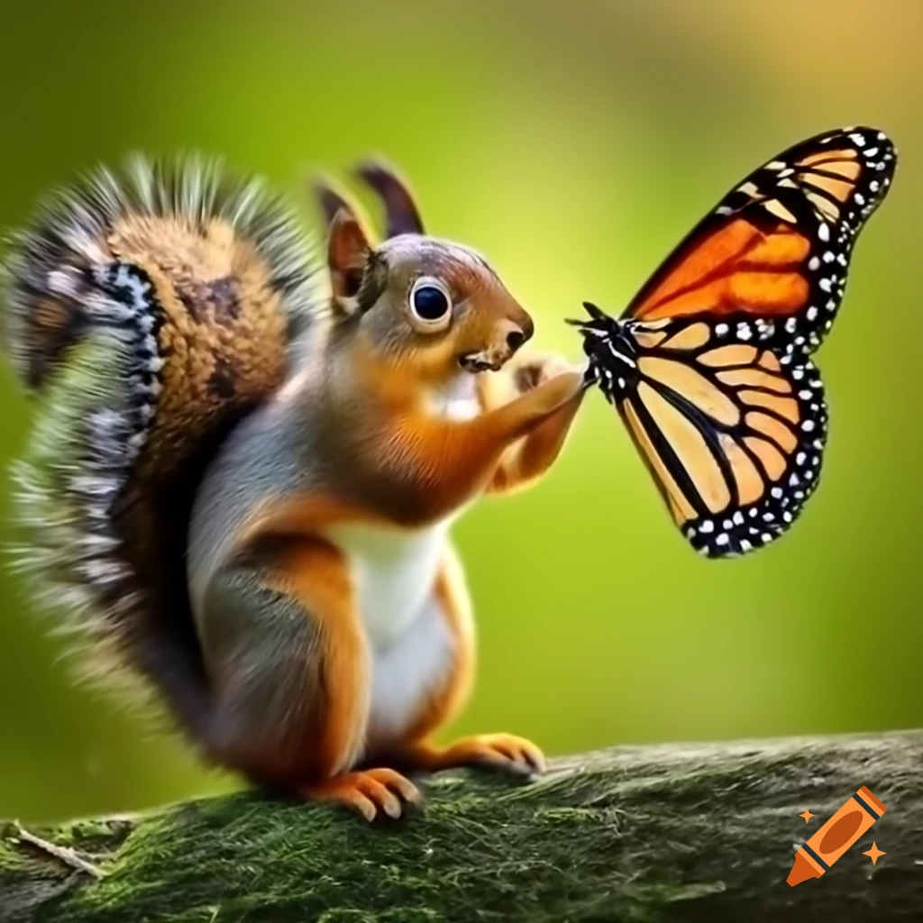 Squirrel interacting with a monarch butterfly