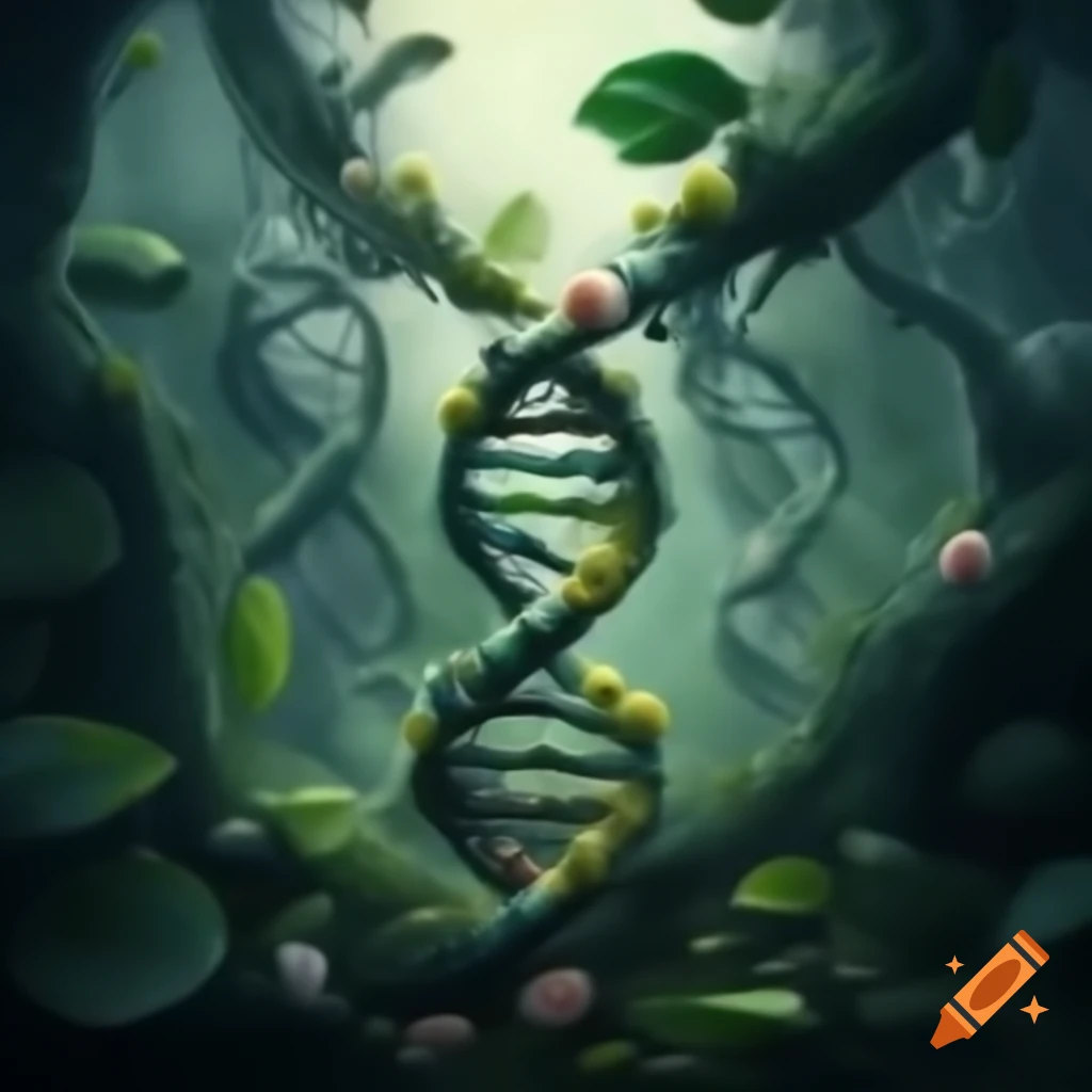 DNA double helix jungle with molecules as trees amidst leaves and flowers