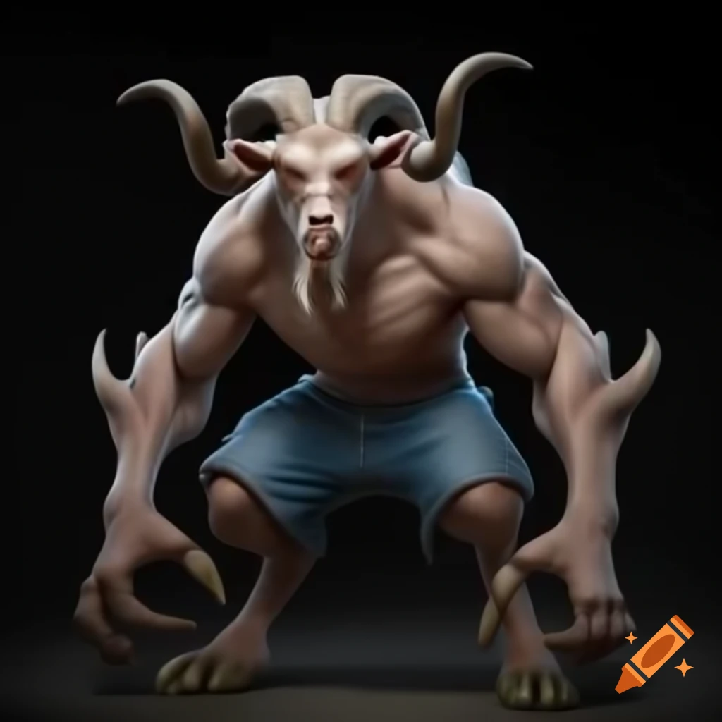 Muscular goat-headed demon with large horns and blue short jeans