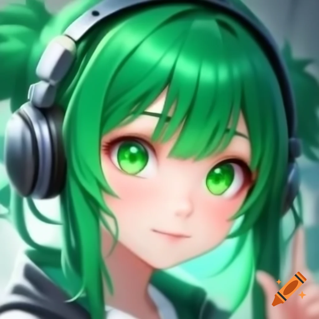 Anime girl with green hair and headphones
