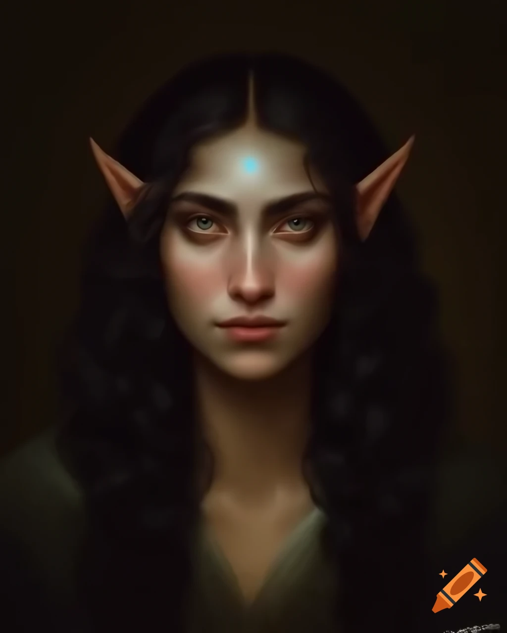 Chiaroscuro portrait of female elf mage of Indian descent in jewel-toned robes