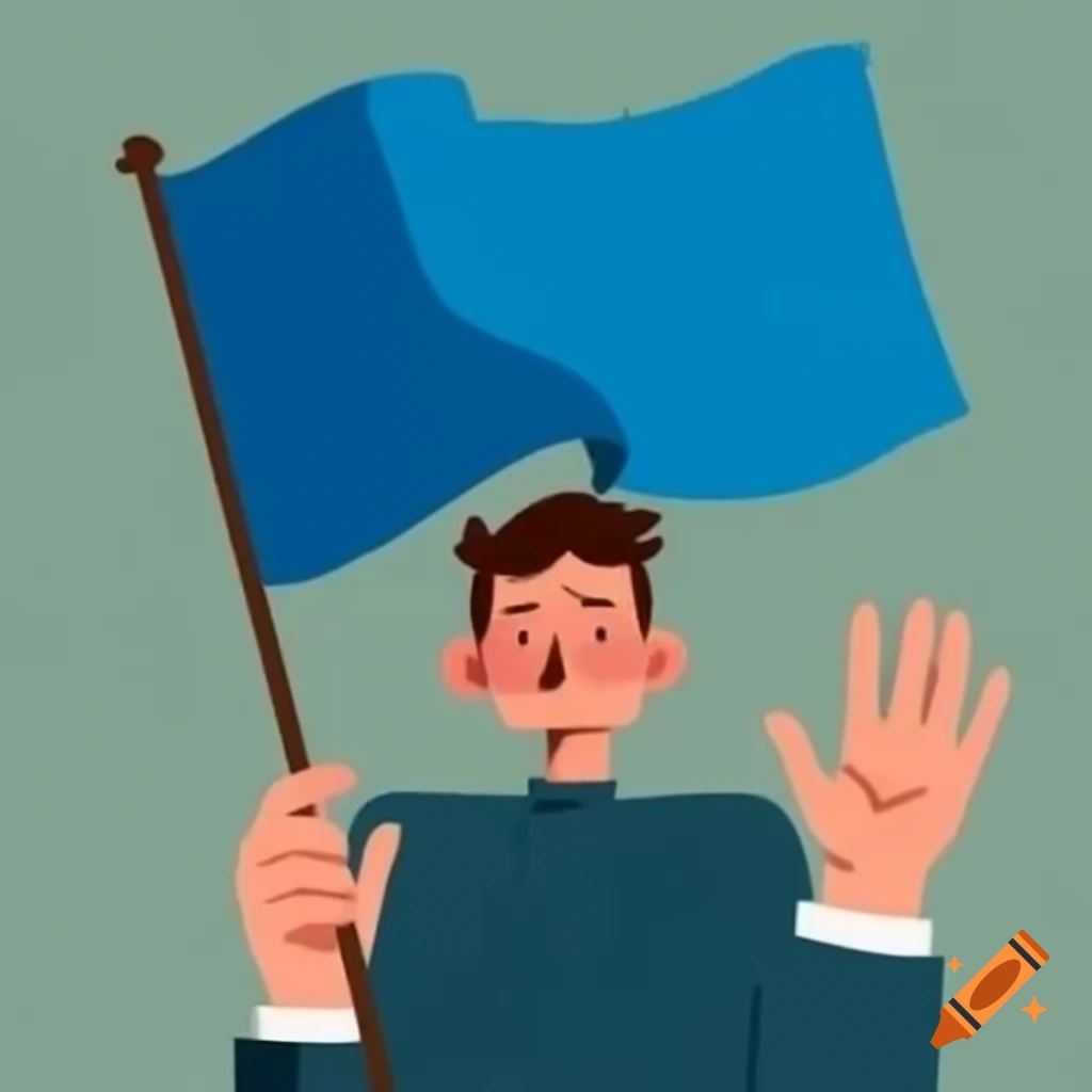 Man waving blue flags with a concerned expression