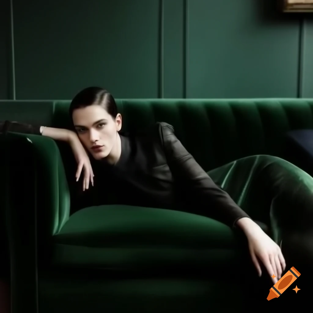 Close-up of haute couture pearl necklace on dark green velvet sofa