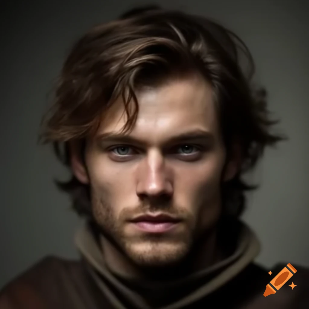 Handsome medieval man with tousled brown hair in photo-realistic style