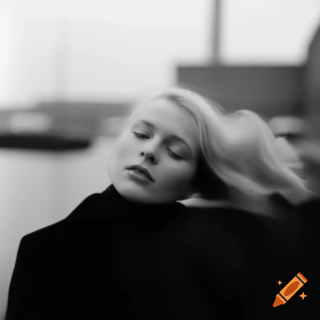 Luxurious Scandinavian woman with blonde hair in front of closed-down factory, flash photography