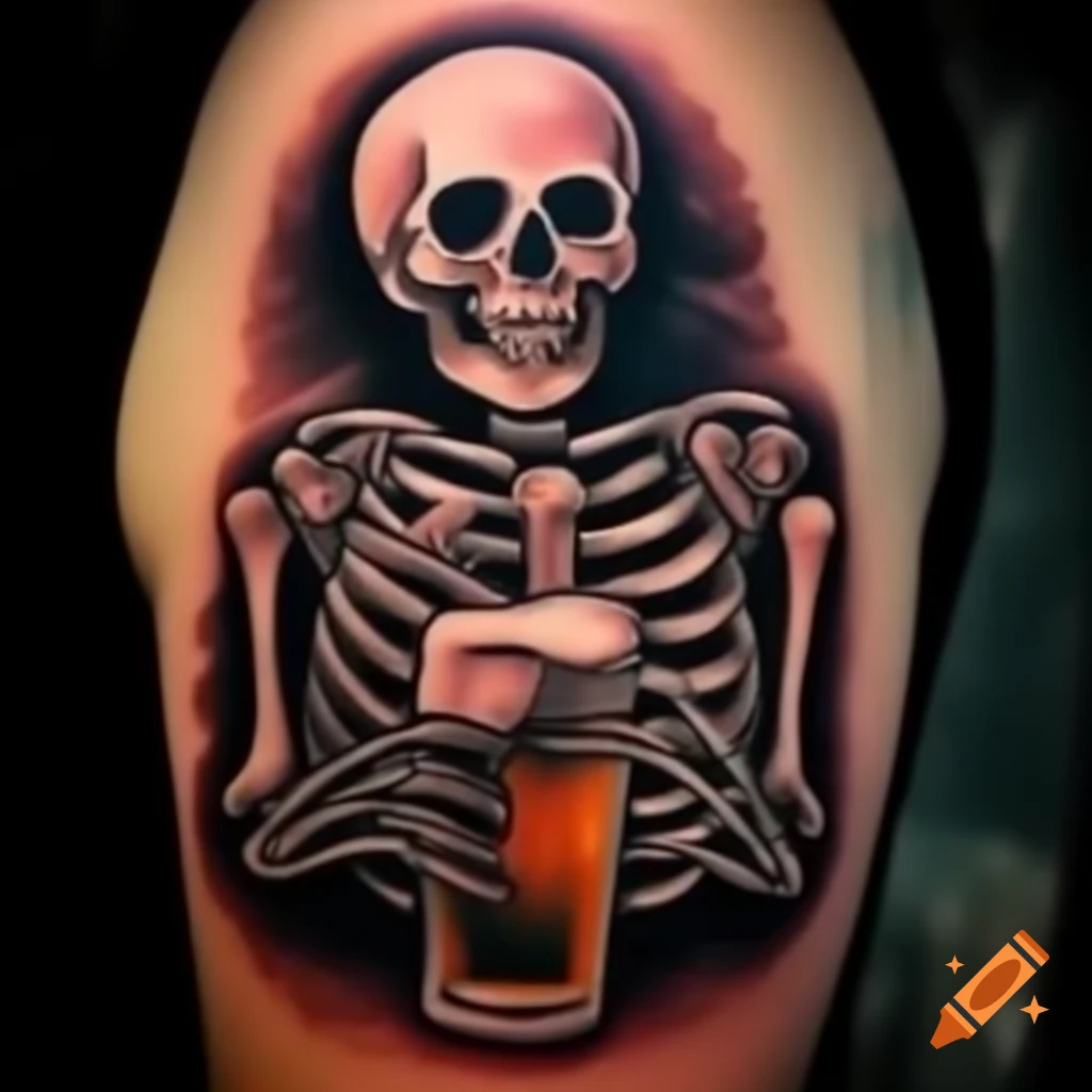 Tattoo design featuring skeleton drinking beer on craiyon