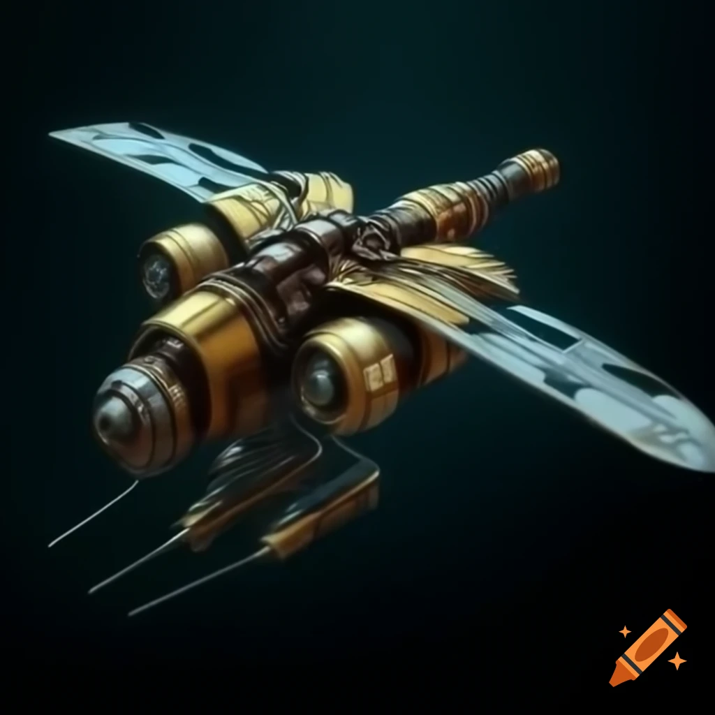 Clockwork spaceship designed as a sleek dragonfly