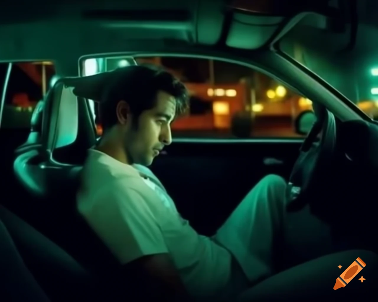 Man sitting on back of car during evening in cross section view