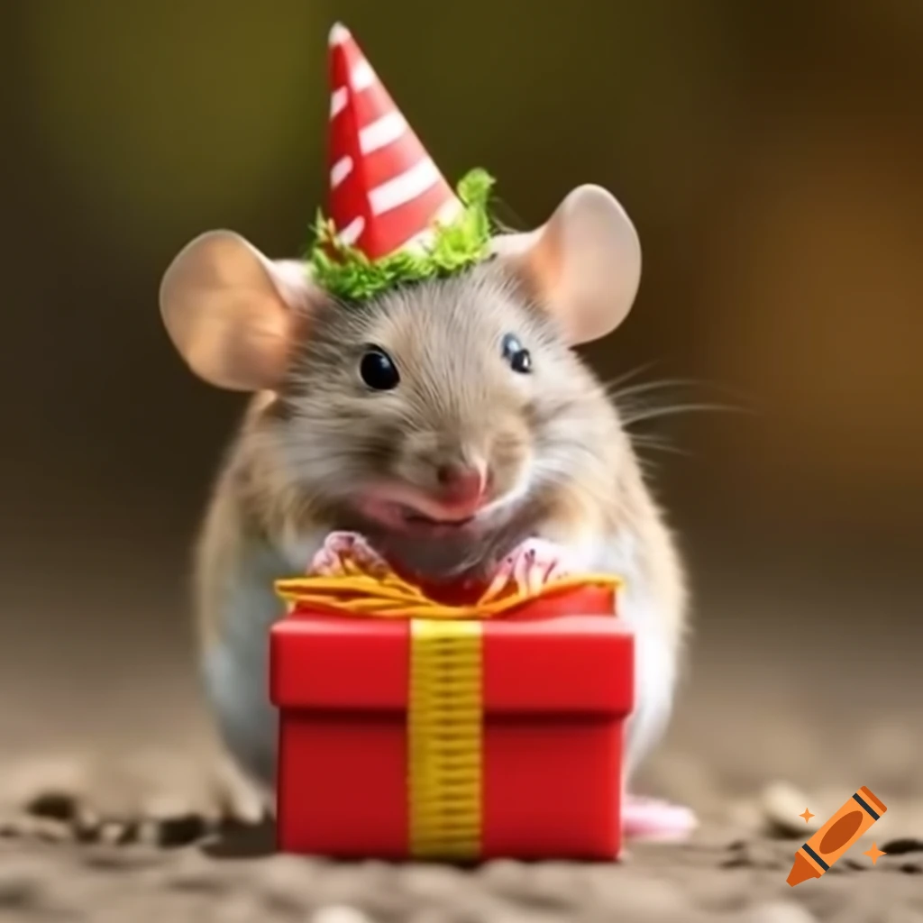 Playful mouse wearing party hat and handing out a gift with a laughing expression