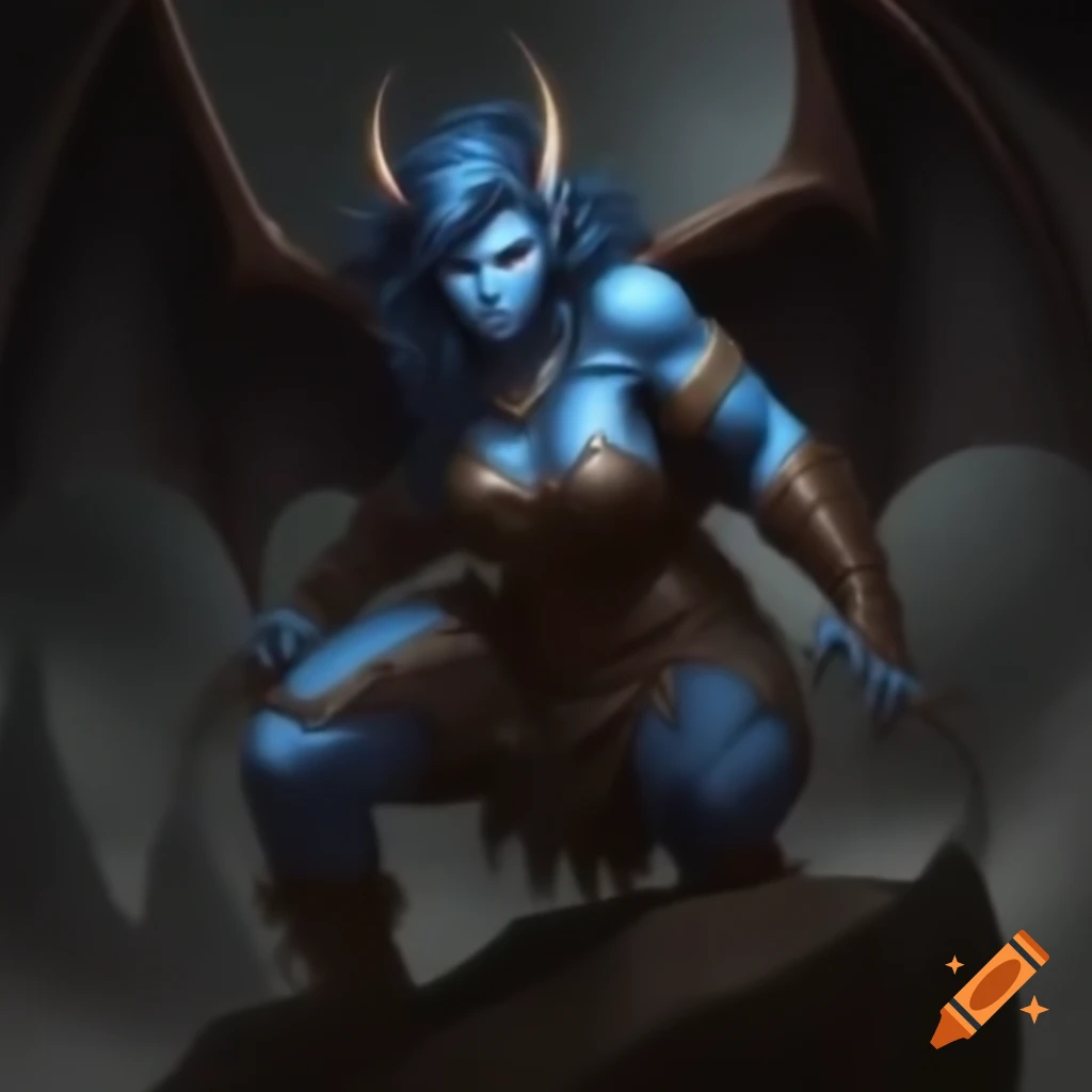 Hardened bat-winged tiefling barbarian with blue skin and sharp horns
