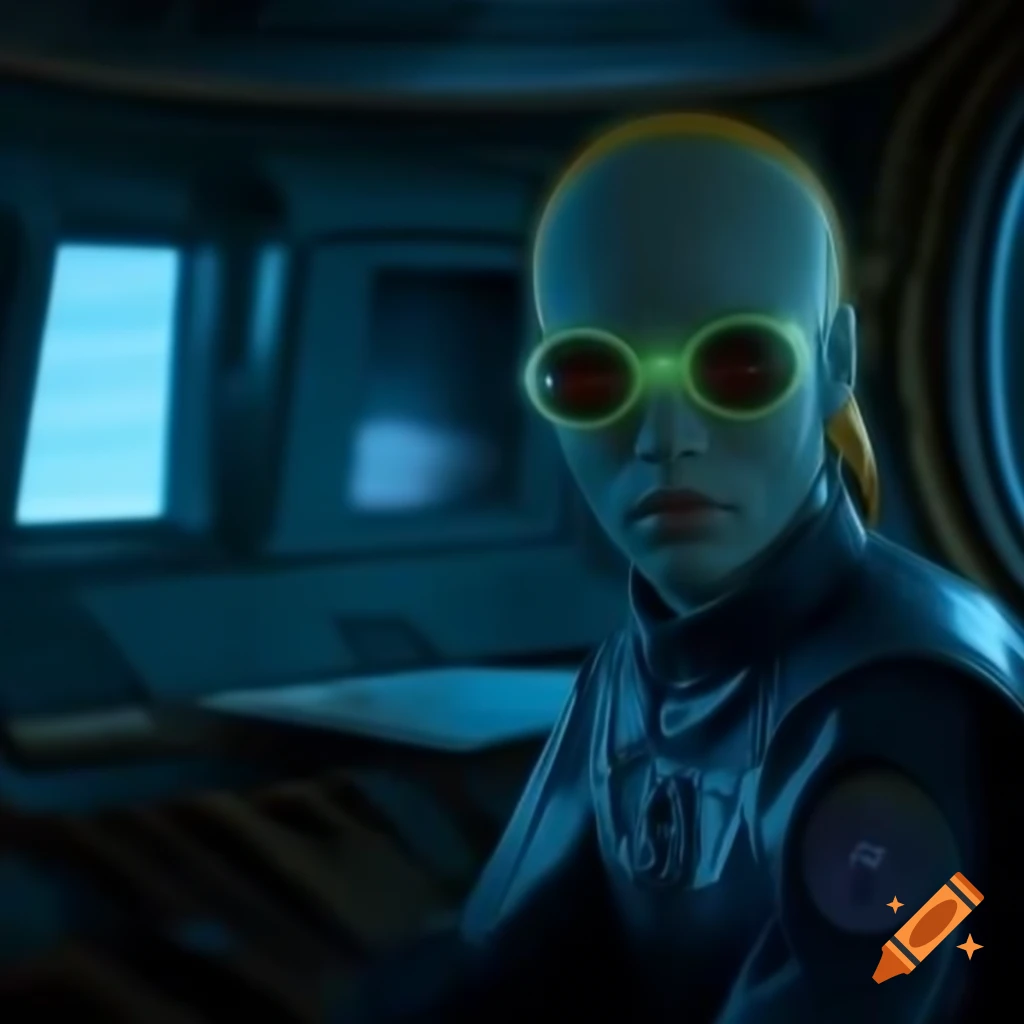 Interior of spaceship featuring cassette futurism design and uniform attire