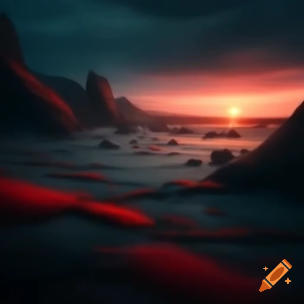 Desolate, eerie landscape at twilight with deep red sky and large sun