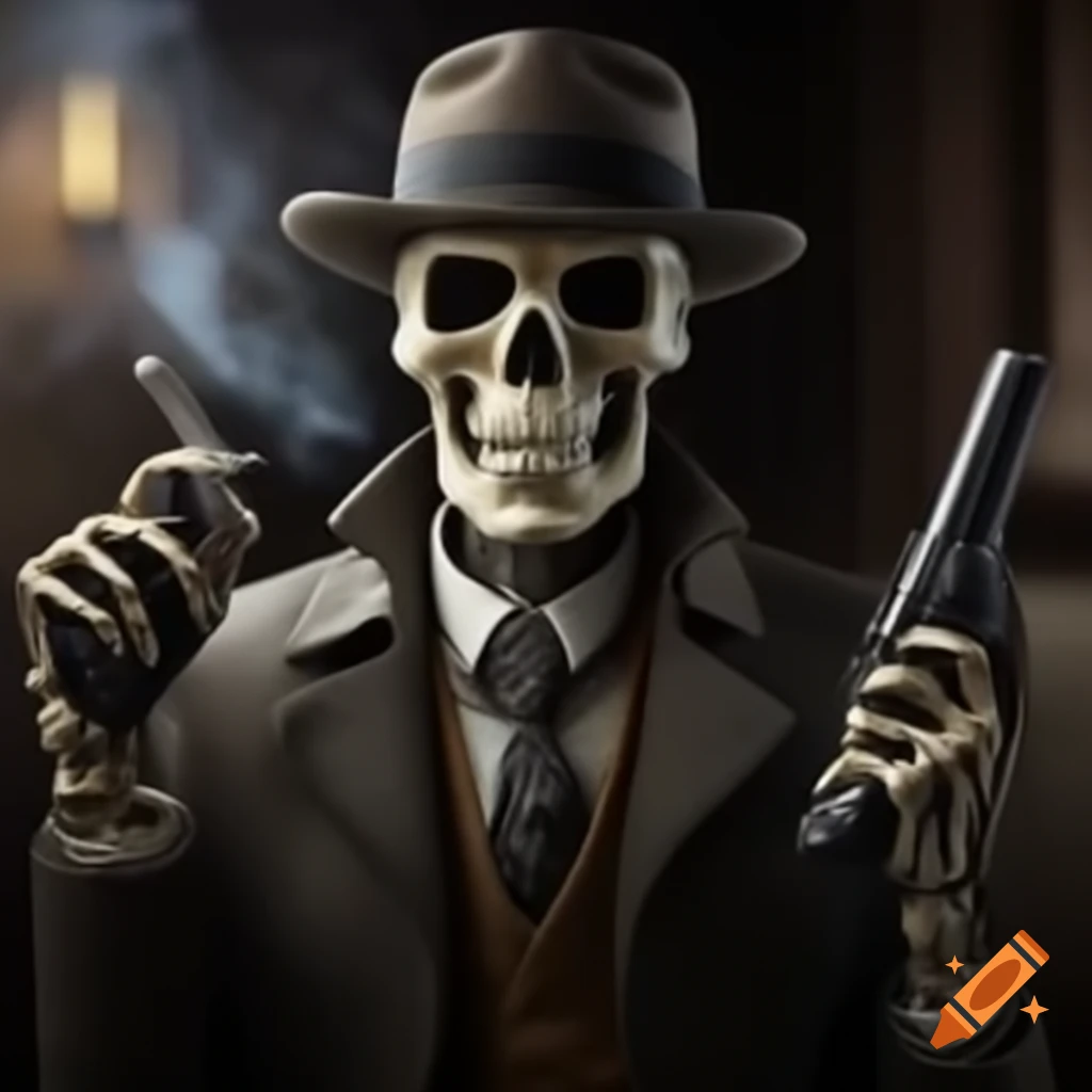 Skeleton mafia boss holding a gun and cigar