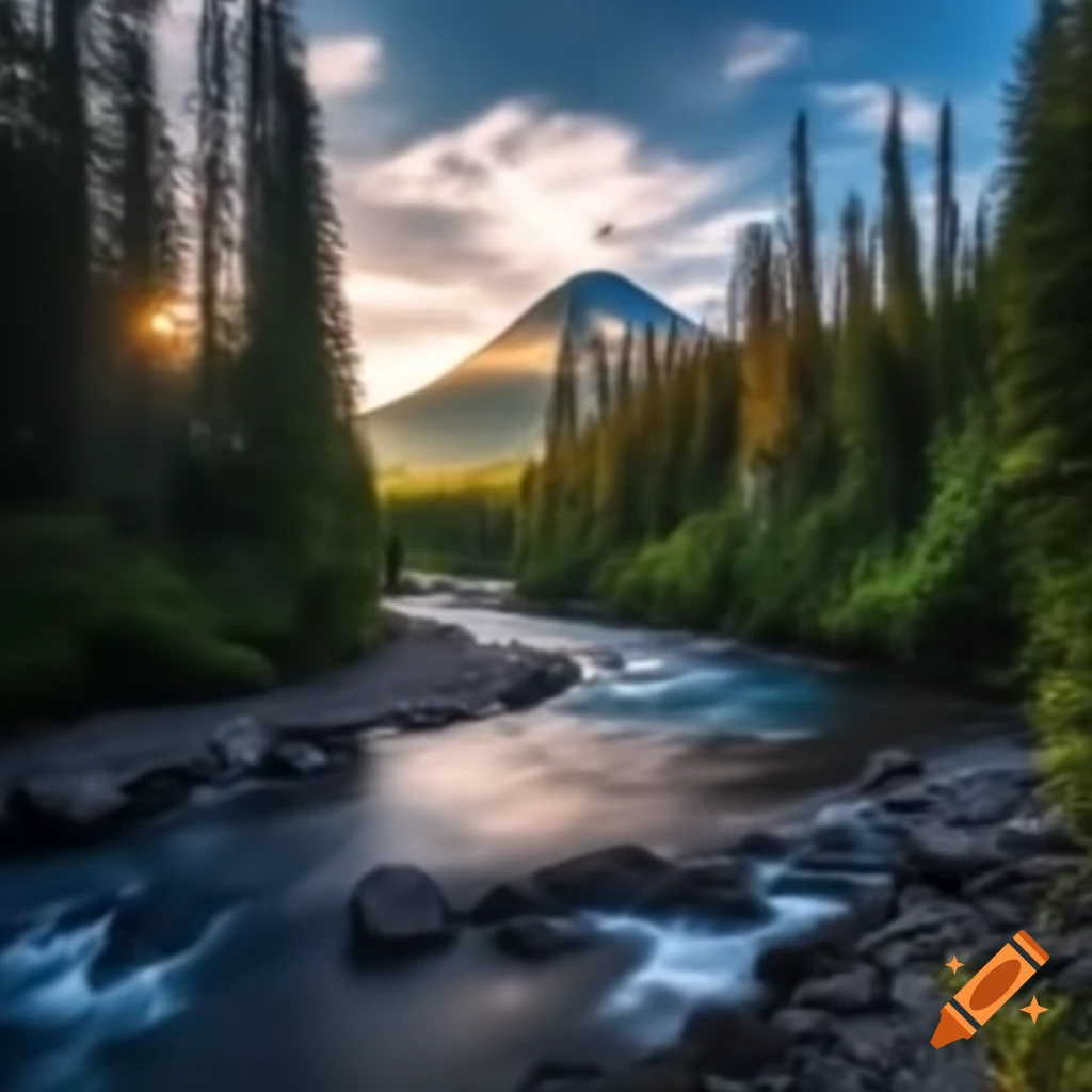 Volcano flowing into river surrounded by forest and trees under the sky