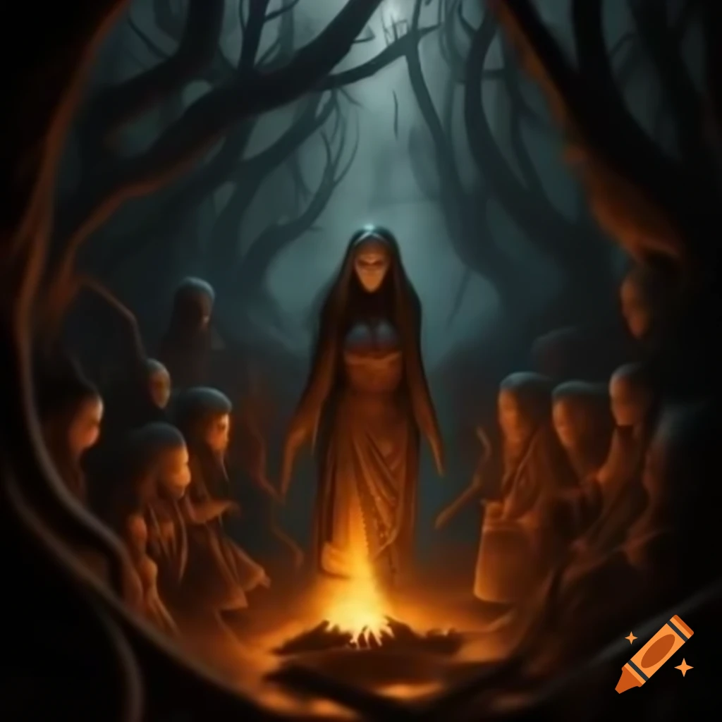 Dark atmospheric album cover featuring witches gathering around fire in shadowy forest