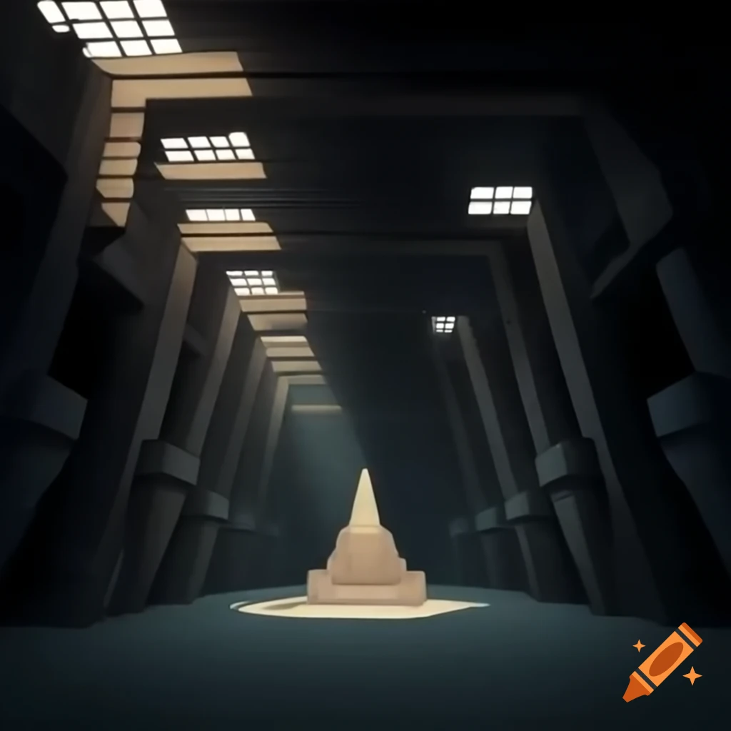 Brutalist castle main hall with dark angled walls and sleek rock throne