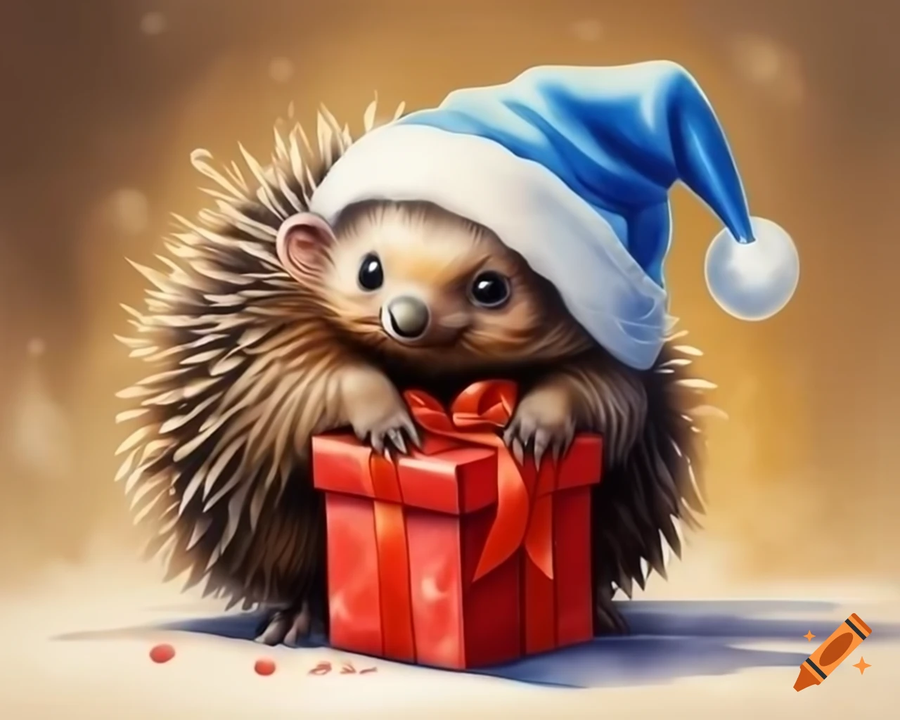 Baby echidna in blue Christmas hat unwrapping gift, watercolor storybook style