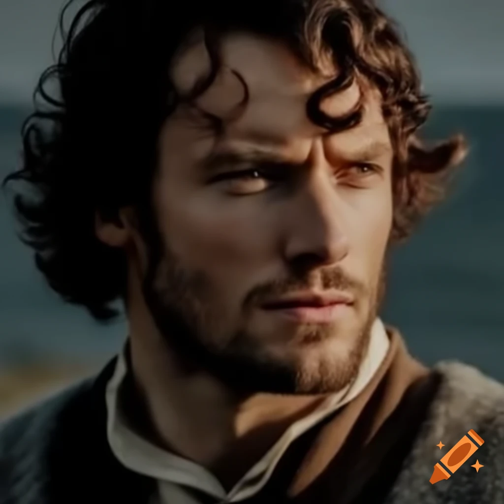 Outlander male character with defined muscles, wavy auburn hair, and ocean blue eyes