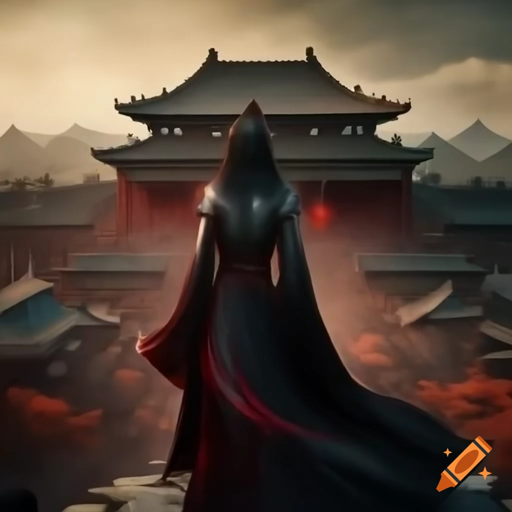 Cloaked shadowy warrior among ancient Chinese architecture, with flowing black hair