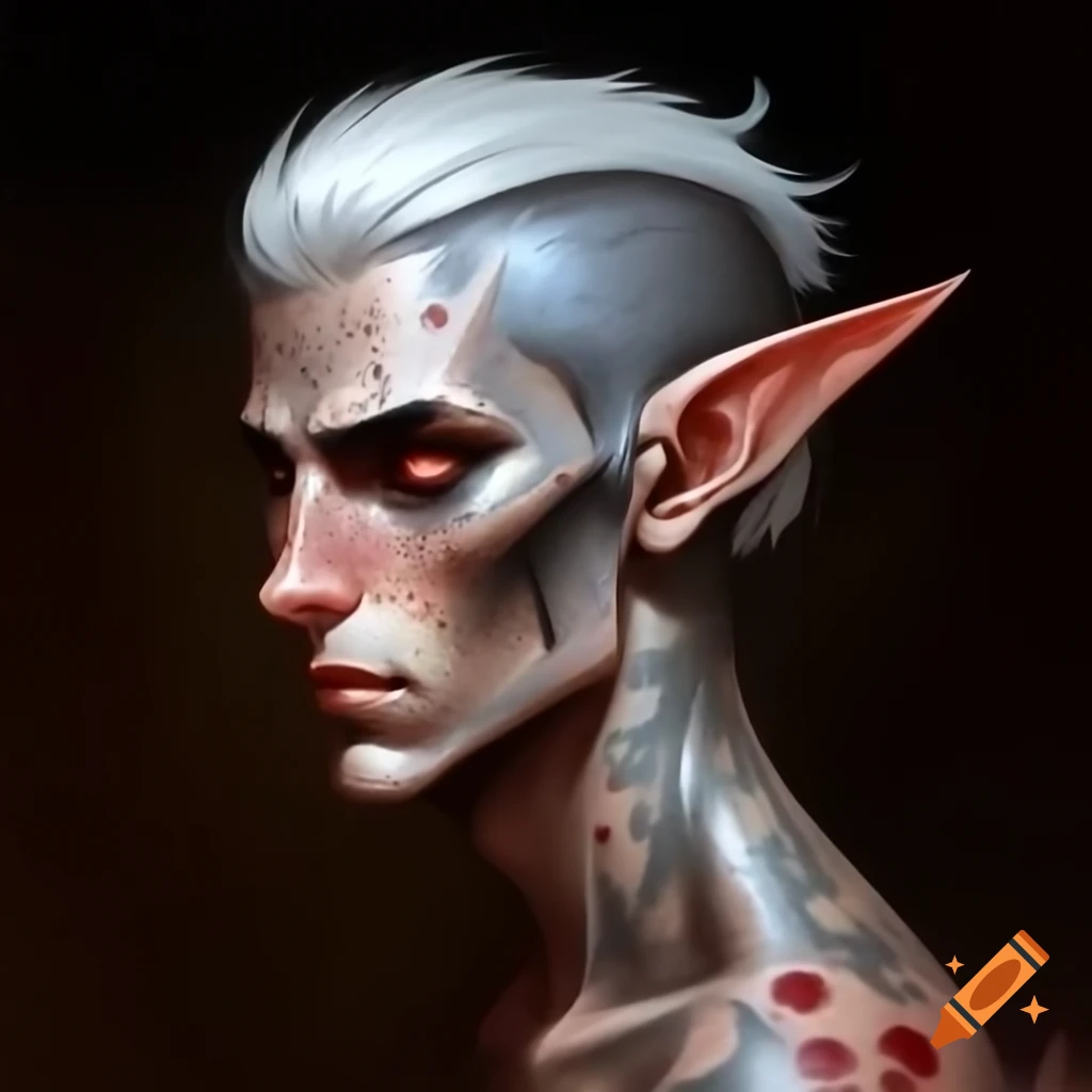 Off-putting young elven man with grey-tan skin, white buzz cut, and black eyes