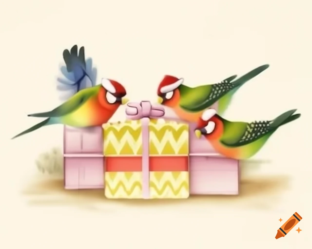 Colorful finches in Christmas hats interacting with shiny ribbons on a gift, Beatrix Potter style