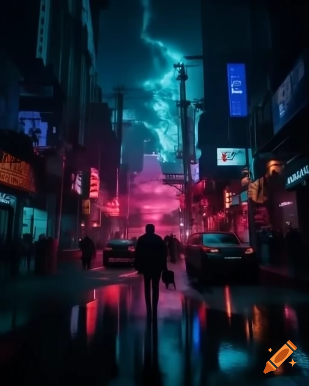 Cyberpunk scene with neon sky and low-light building windows in analogue film style