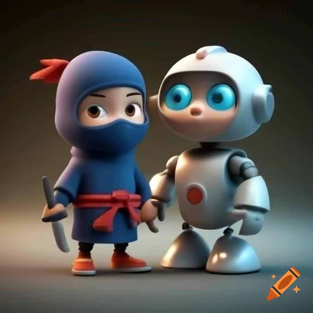 Child ninja and robot expressing love in 3D art